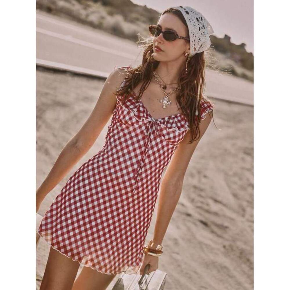 Easelle Red And White Plaid Mesh Mini Dress,V-Neck Ruffle Edge Boho Summ